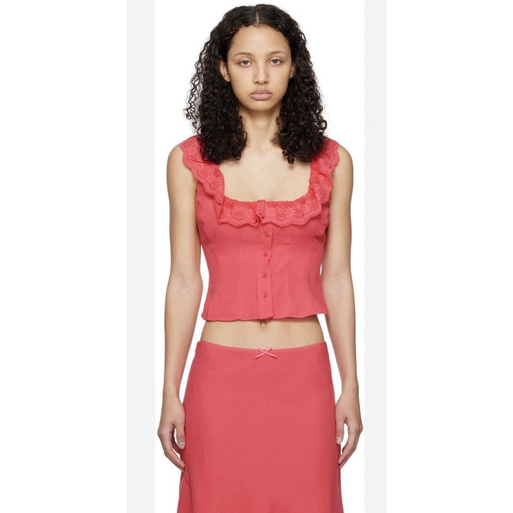 KITH GUIZIO Size XXS Paloma Lace Top Crepe Button Blouse Flared Hem Fatale Pink